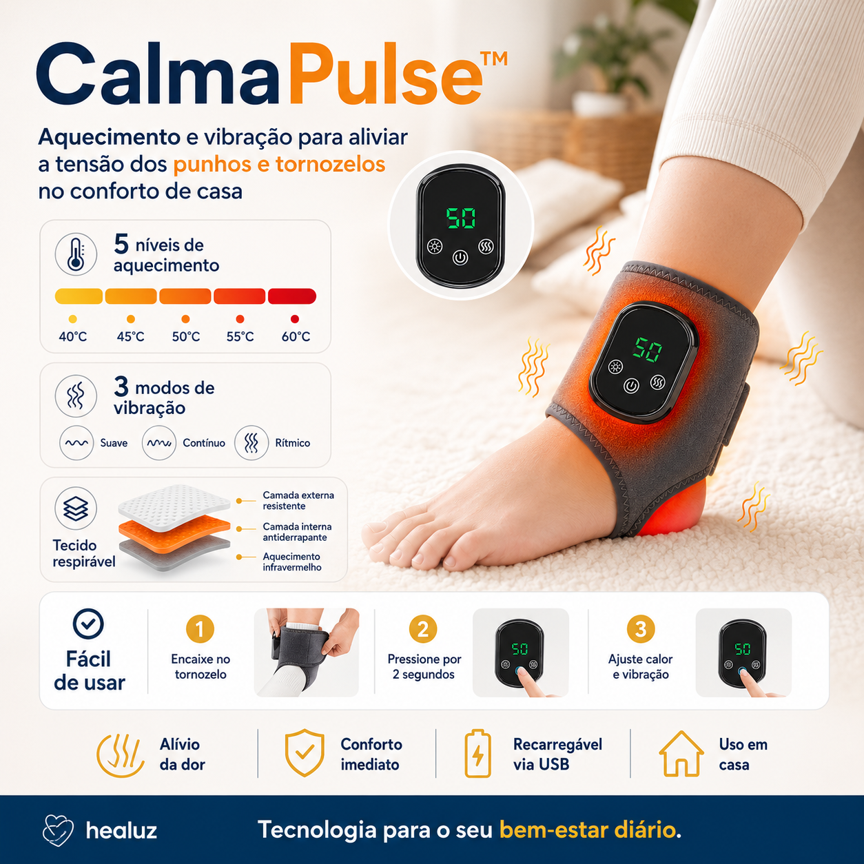 CalmaPulse™ Aquecimento e vibração para aliviar a tensão dos punhos e tornozelos no conforto de casa