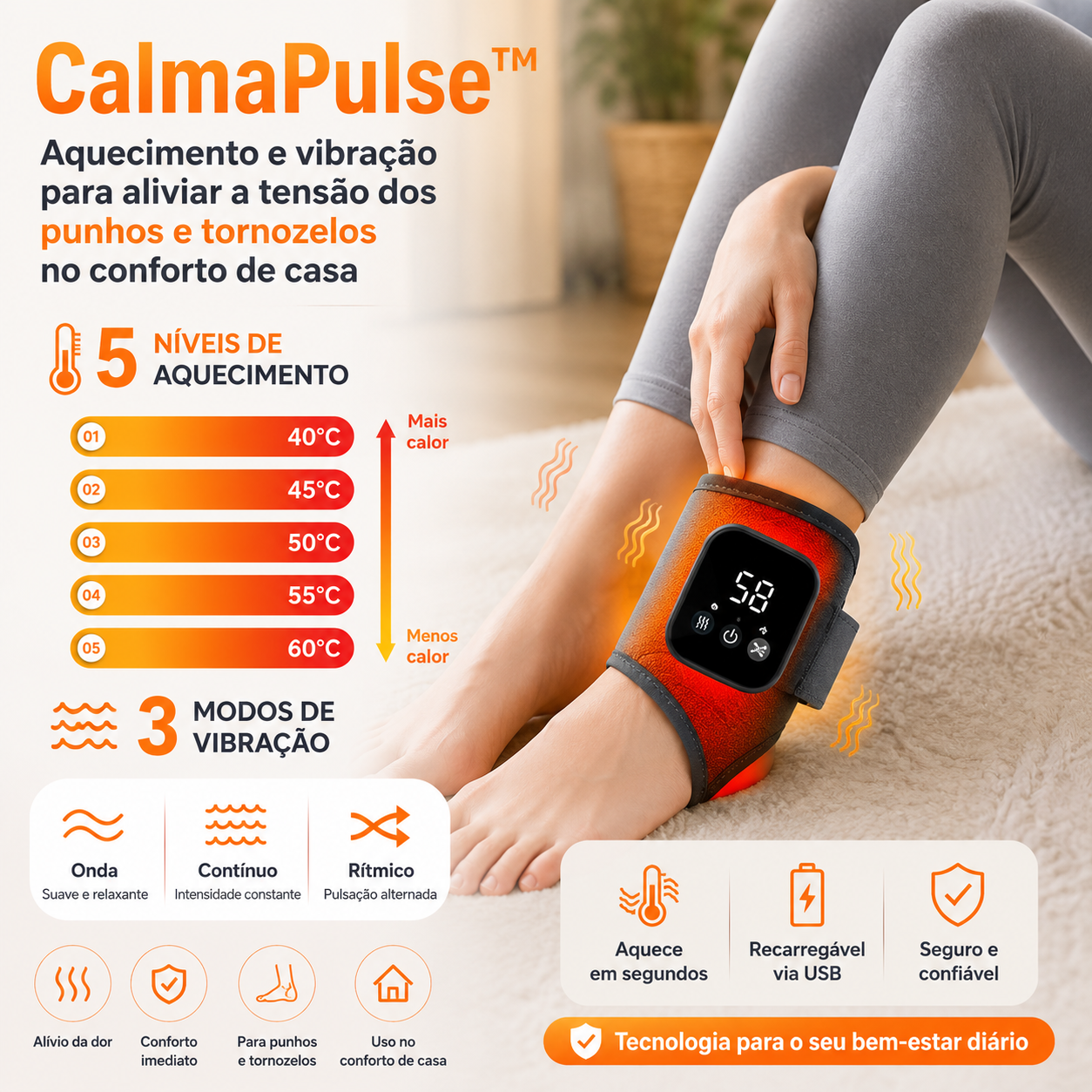 CalmaPulse™ Aquecimento e vibração para aliviar a tensão dos punhos e tornozelos no conforto de casa
