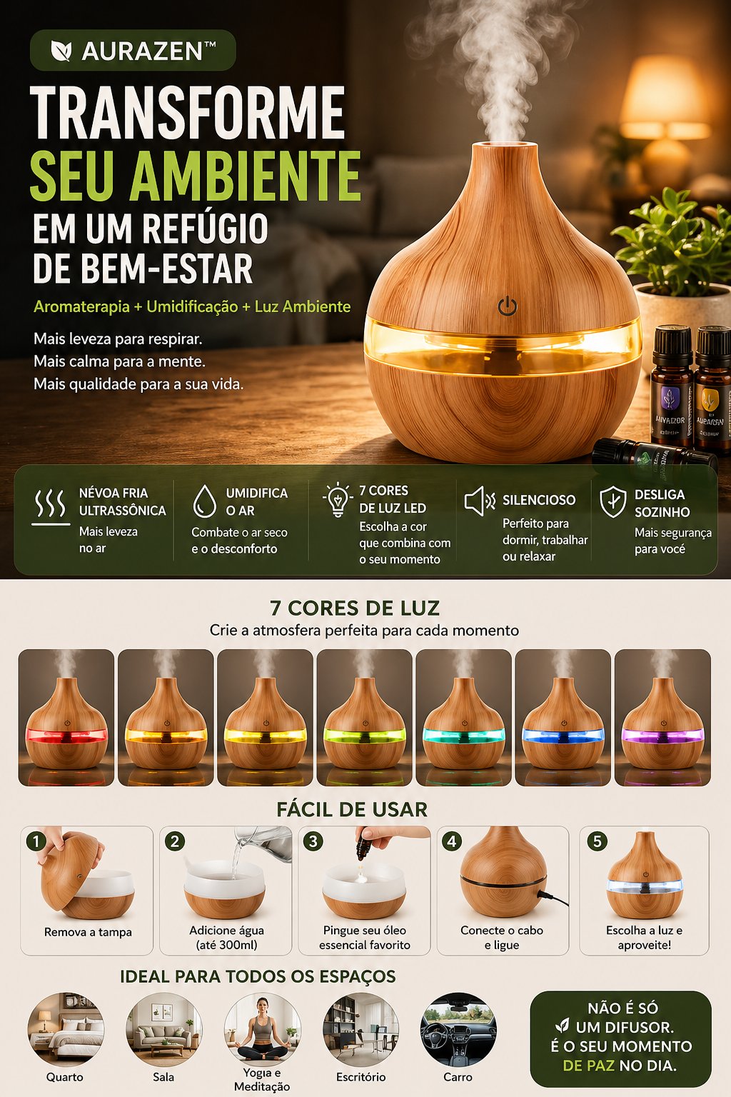 AuraZen™ Difusor Ultrassônico de Bem-Estar
